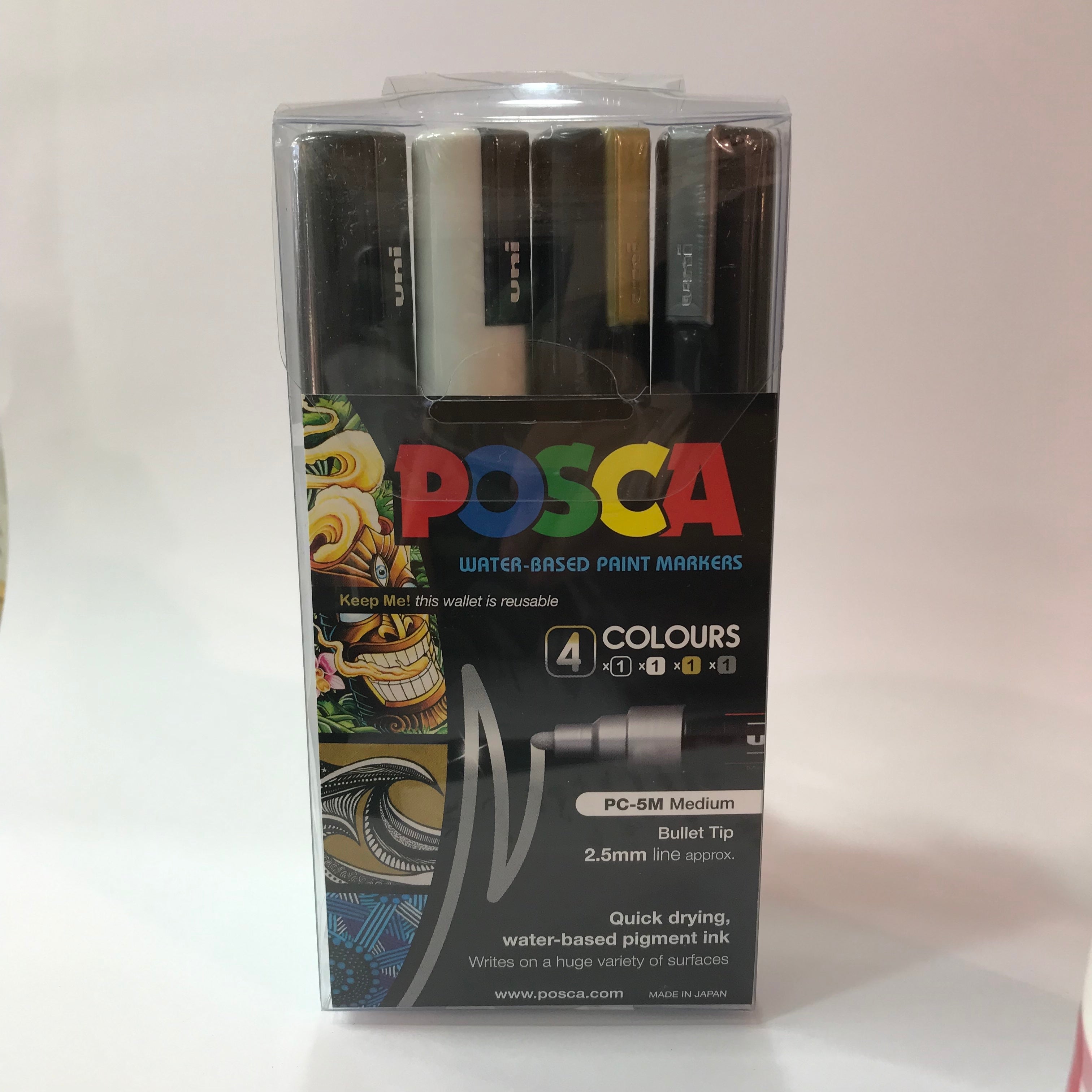 POSCA Marker PC-5M Med Bullet 4 Pack Black, White, Gold and Silver Set